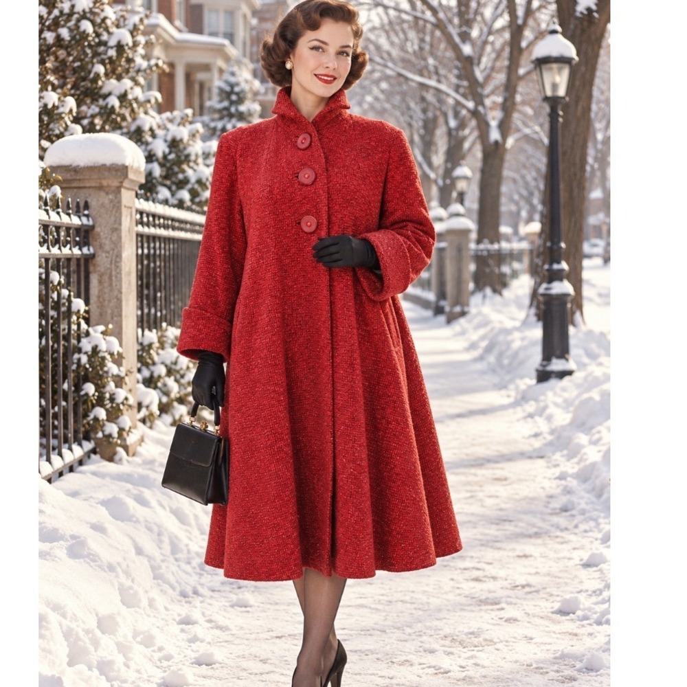 Vtg 50's Red Tweed Swing Coat XL A-Line Mid-Length Button Front Cuffed Sleeve L